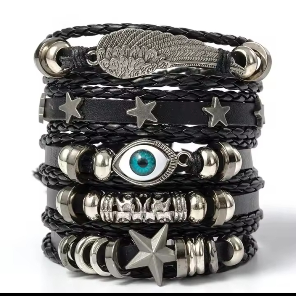 Men's Bracelets Set Leather 5pc Evil Eye Wing Star Layered‎ f21